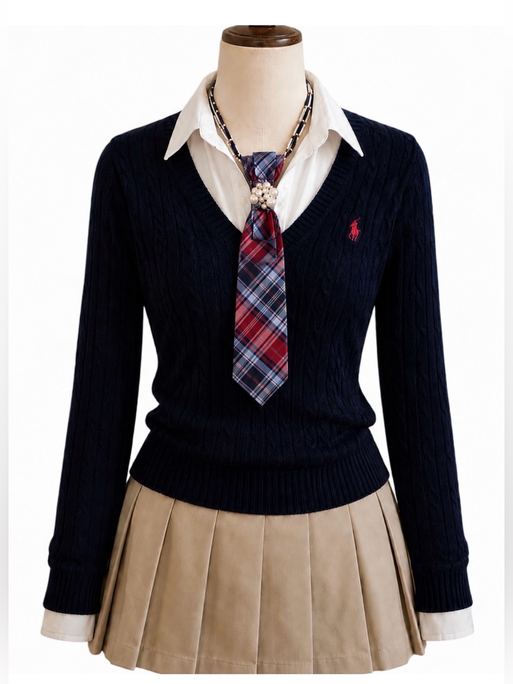 Upcycled Silk Plaid Necktie Necklace Pearl Embellishments Academia BacktoSchool